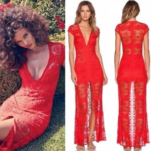 NEW FOR LOVE & AND LEMONS MARIPOSA LACE EMBROIDERED MAXI DRESS HOT RED SMALL 🔥